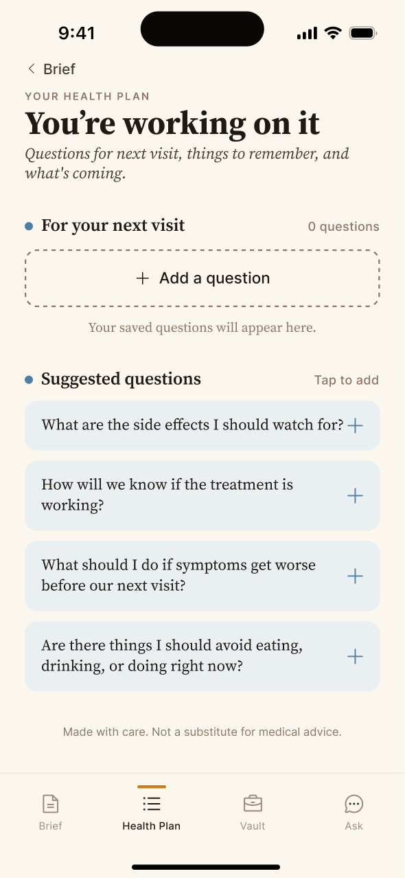 Steady — Health Plan screen